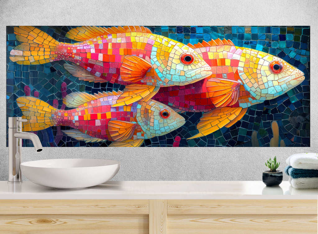 Mosaic-Inspired Tempered Glass Kitchen Backsplash with Colorful Fish Design-BacksplashArtworks