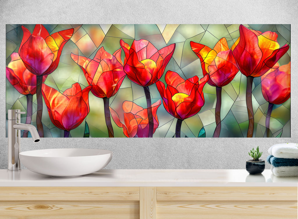 Stained Glass Tulips - Glass Kitchen Backsplash-BacksplashArtworks