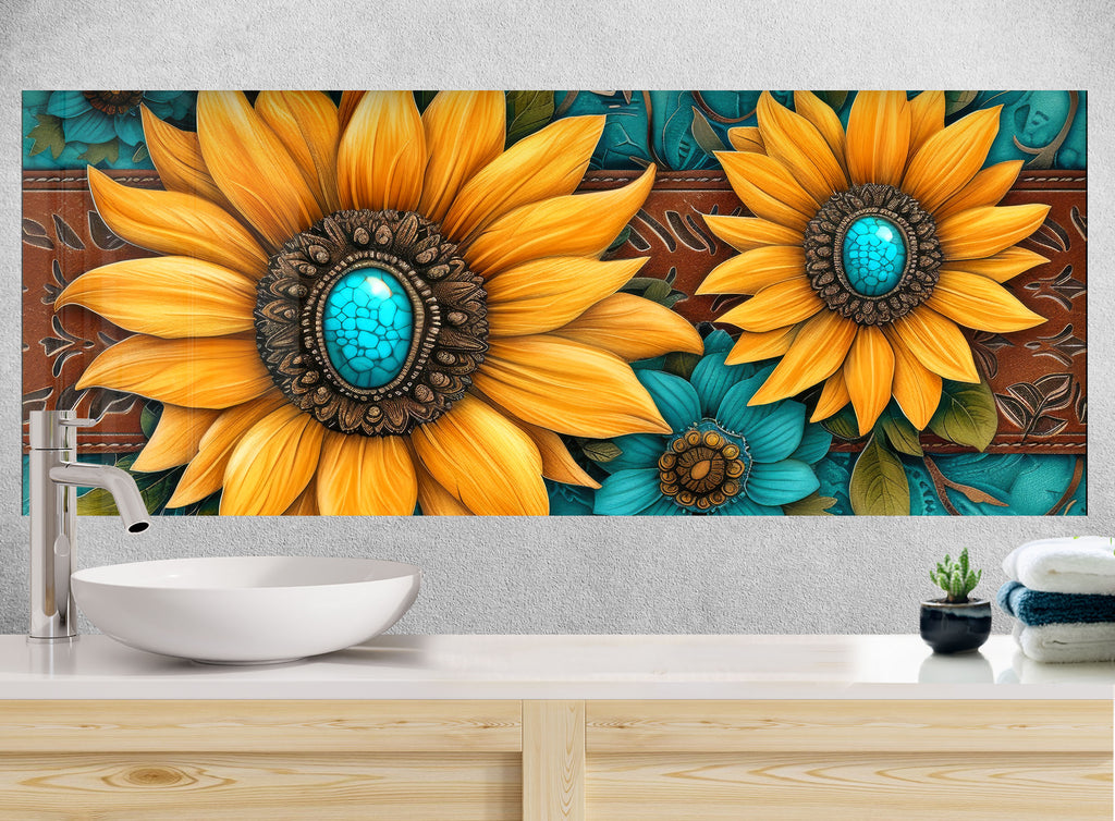 Turquoise Sunflower Radiance - Glass Kitchen Backsplash-BacksplashArtworks