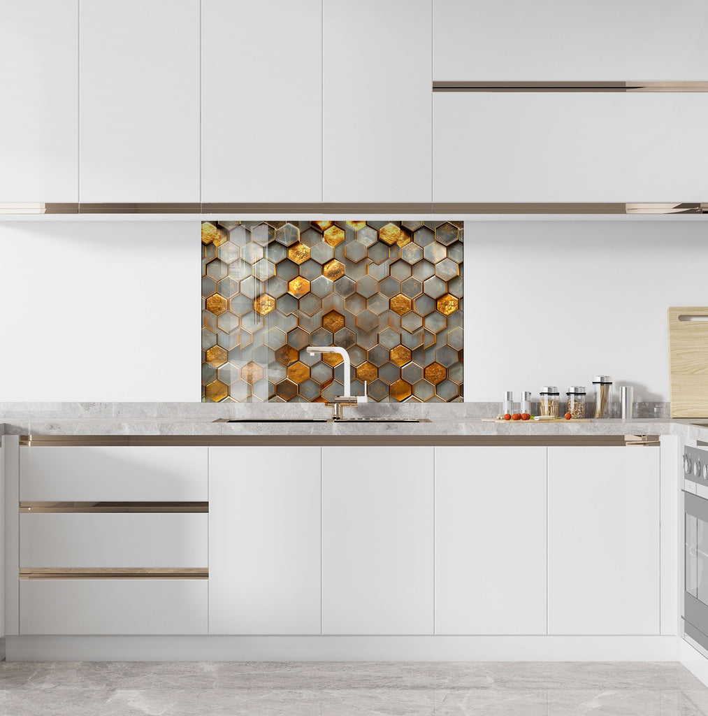 Golden Hexagon - Glass Kitchen Backsplash-BacksplashArtworks
