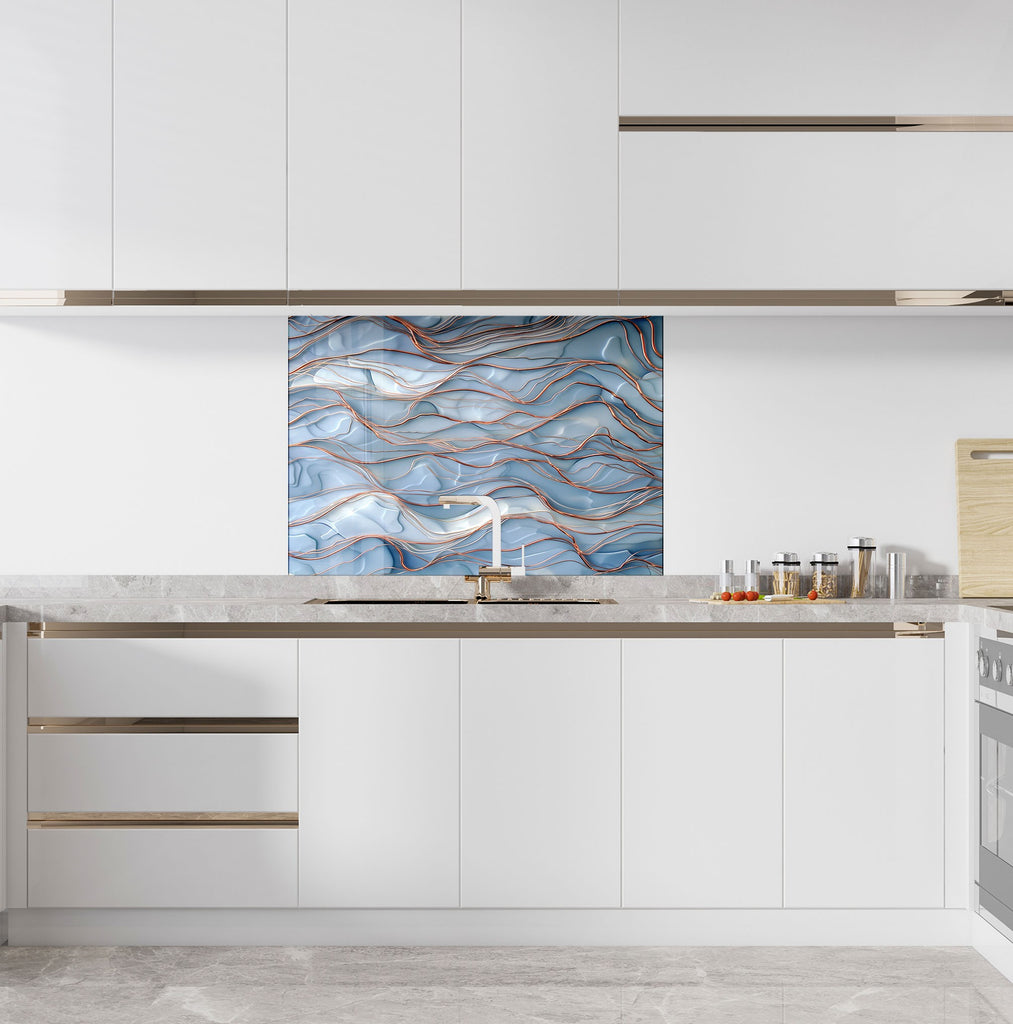 Wave Texture Blue & Copper - Glass Kitchen Backsplash-BacksplashArtworks
