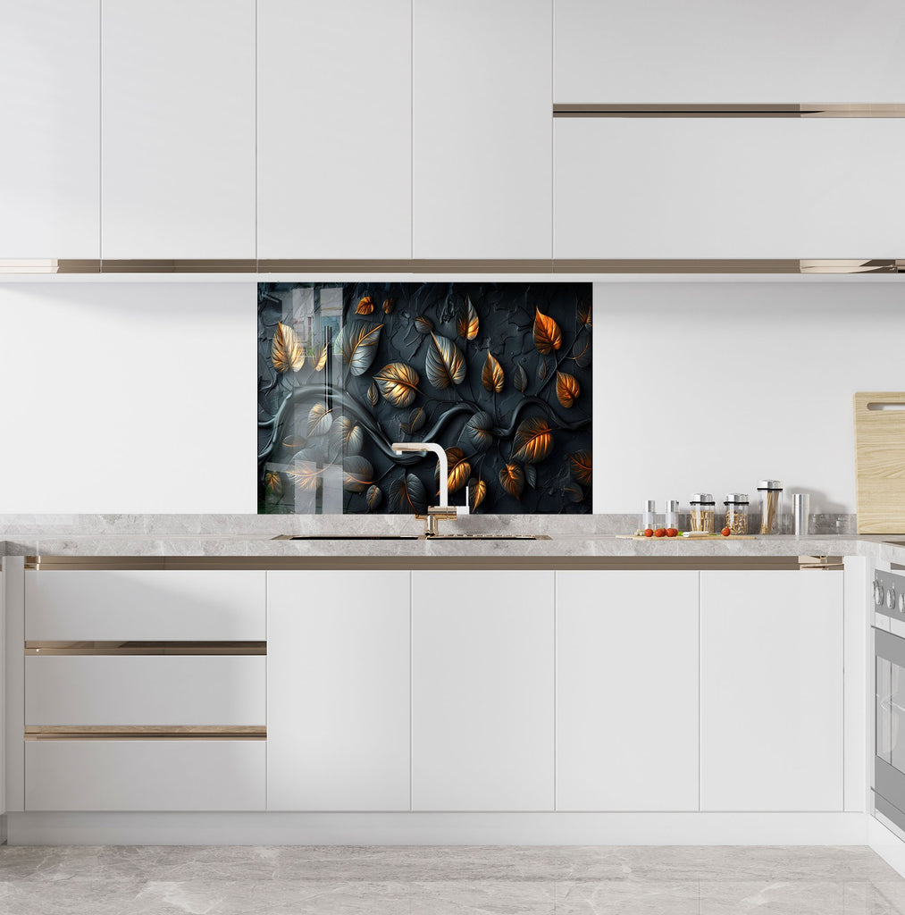 Golden Autumn Leaves - Glass Kitchen Backsplash-BacksplashArtworks