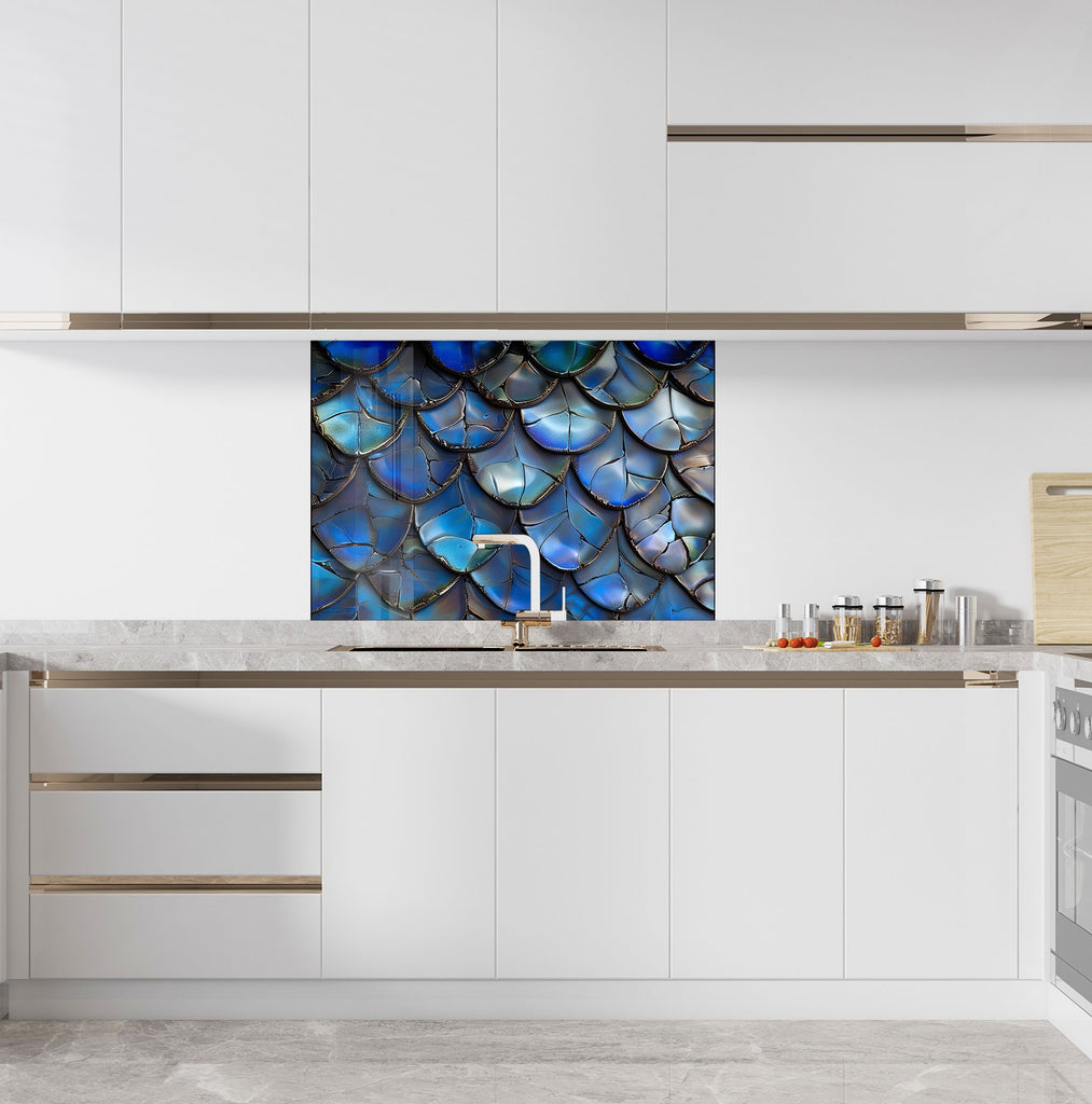 Iridescent Blue Dragon Scale - Glass Kitchen Backsplash-BacksplashArtworks
