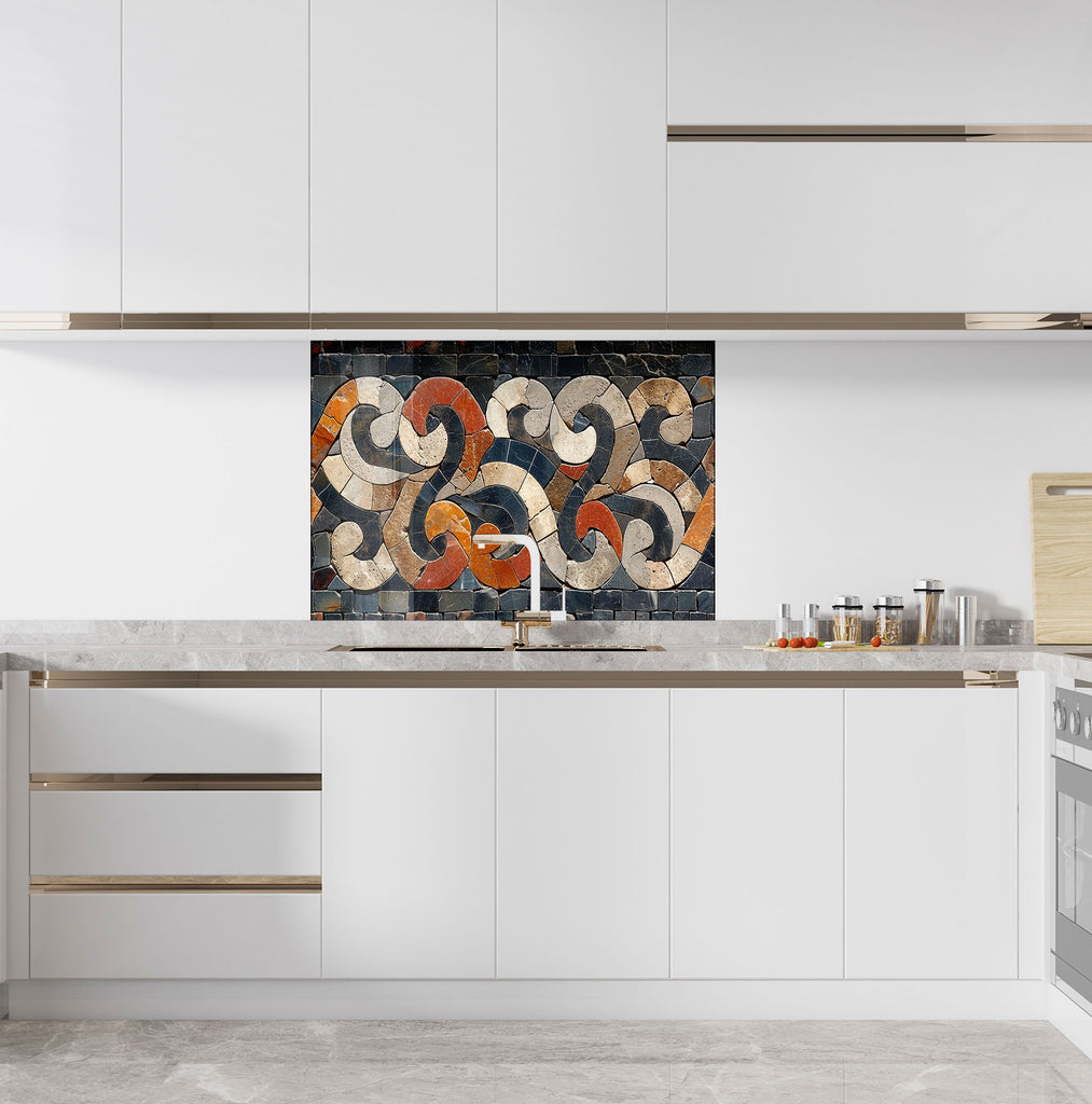 Mosaic Tempered Glass Kitchen Backsplash with Geometric Swirl Design-BacksplashArtworks