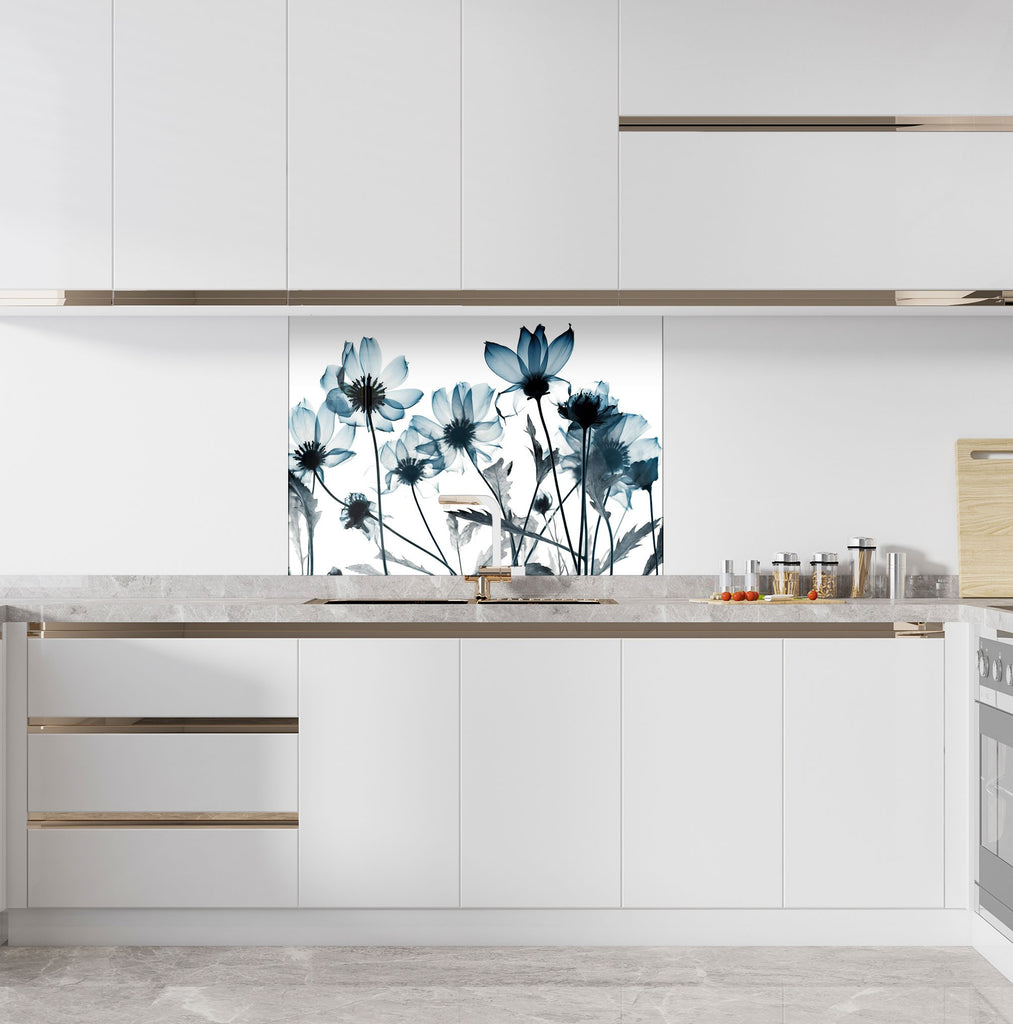 Monochrome Wildflower Elegance - Glass Kitchen Backsplash-BacksplashArtworks