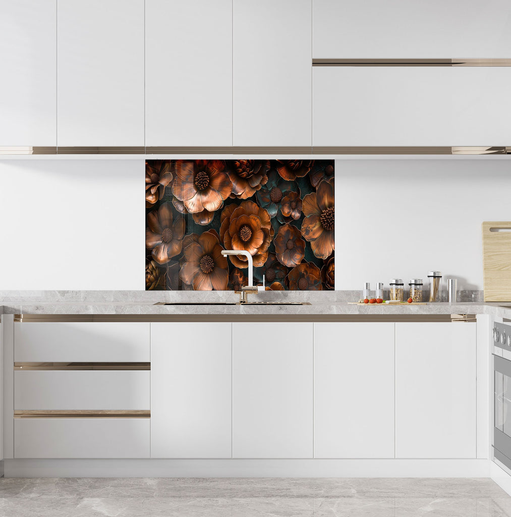 Rustic Metal Floral Art - Glass Kitchen Backsplash-BacksplashArtworks