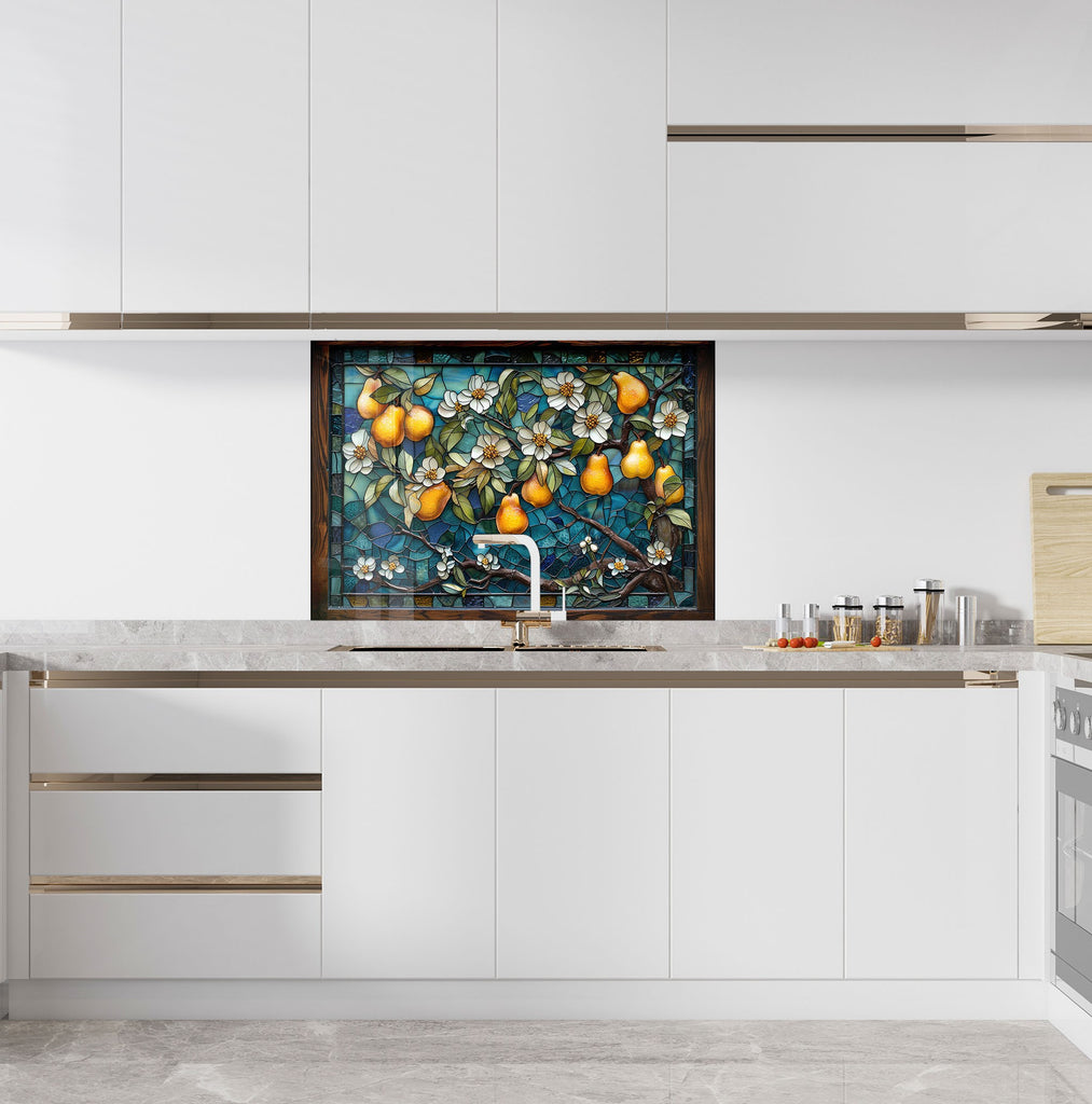 Golden Pear Stained Glass - Glass Kitchen Backsplash-BacksplashArtworks