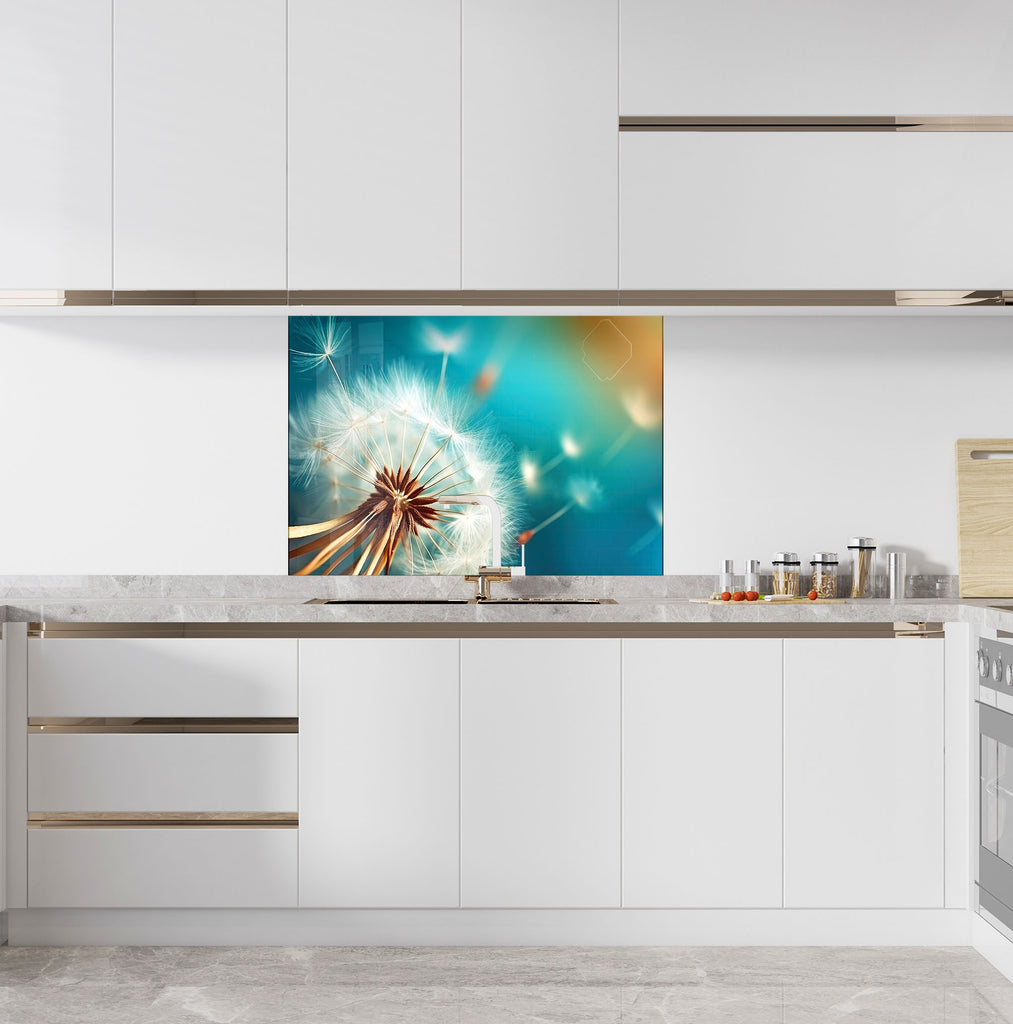 Golden Dandelion Breeze - Glass Kitchen Backsplash-BacksplashArtworks