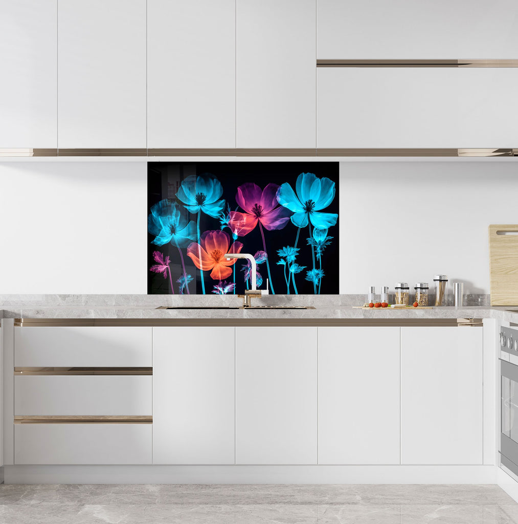 Neon Floral Glow - Glass Kitchen Backsplash-BacksplashArtworks