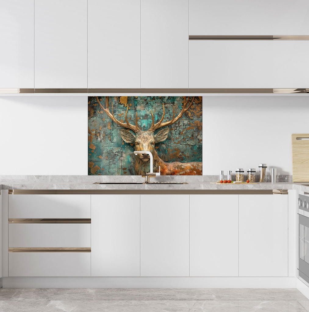 Noble Deer & Aged Copper Elegance - Glass Kitchen Backsplash-BacksplashArtworks