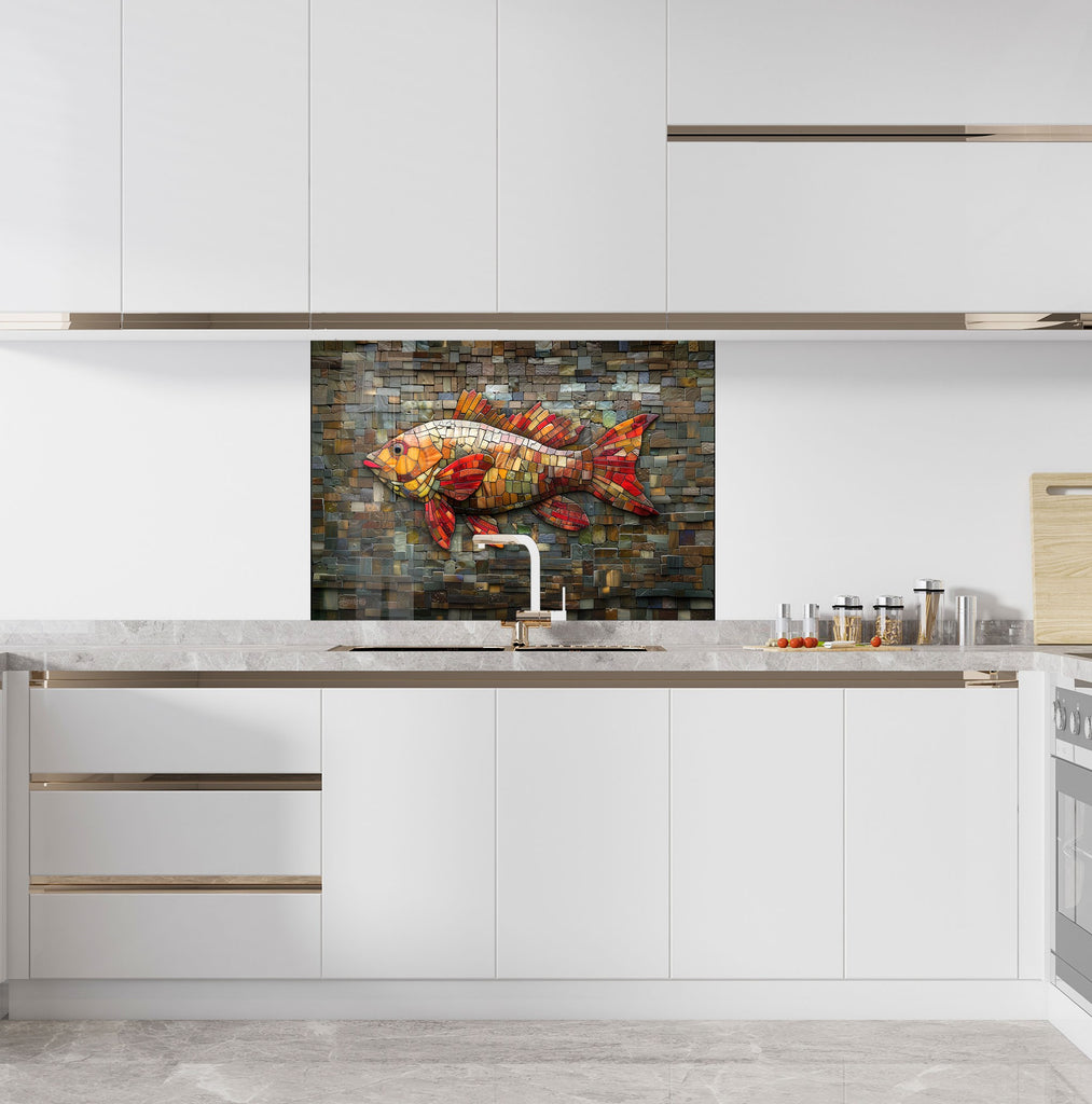 Mosaic Glass Kitchen Backsplash with Colorful Fish Design-BacksplashArtworks