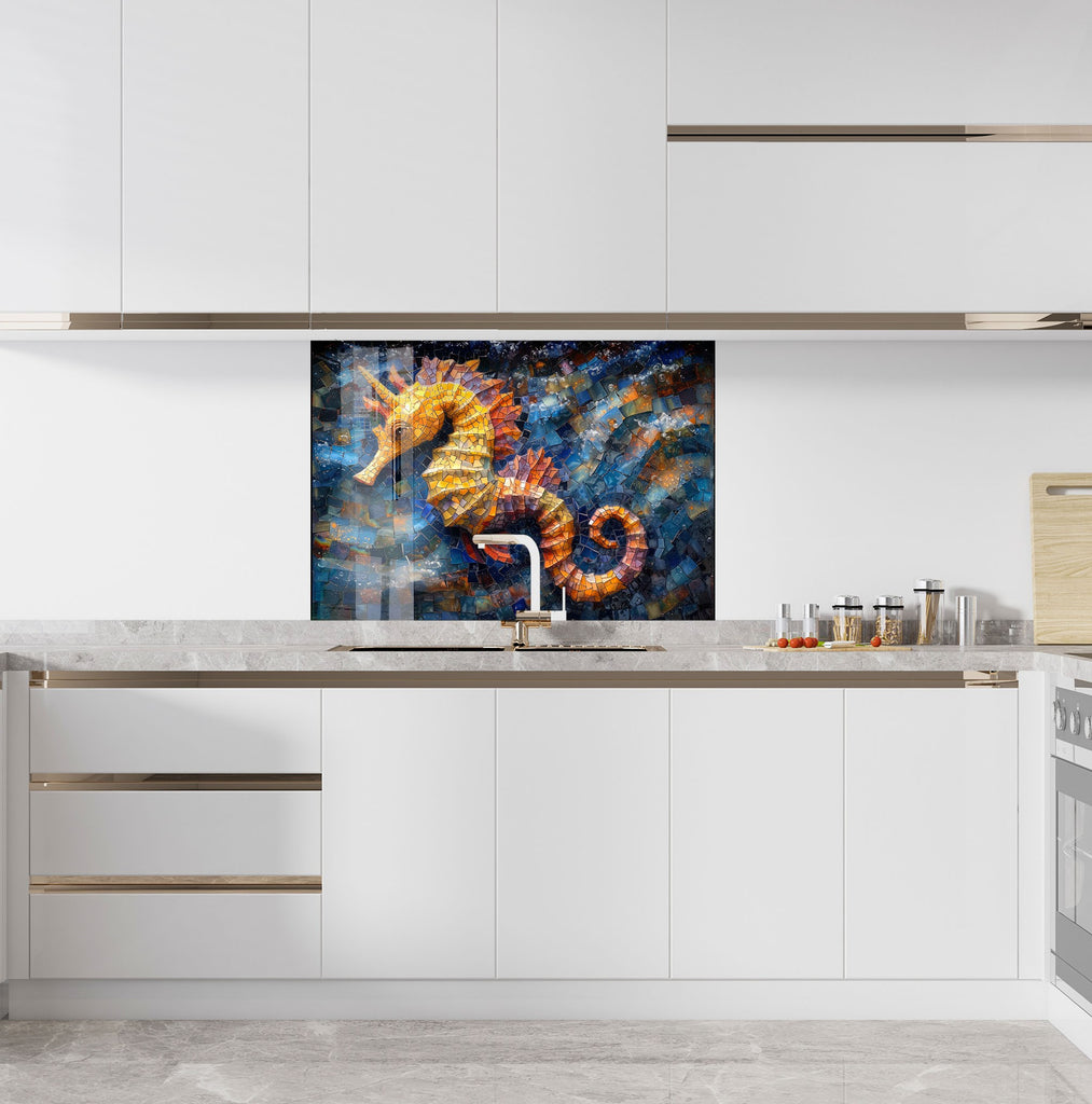 Mosaic-Inspired Tempered Glass Kitchen Backsplash with Seahorse Design-BacksplashArtworks