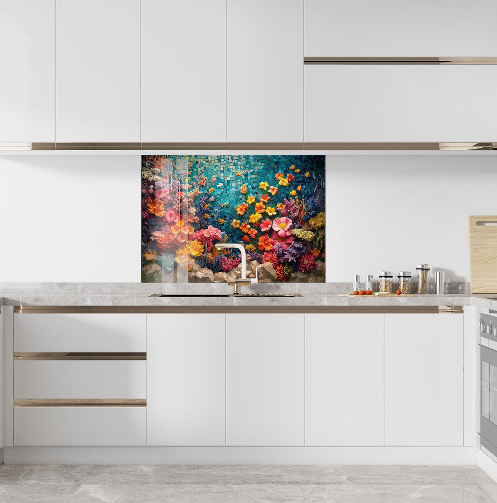 Mosaic-Inspired Tempered Glass Kitchen Backsplash with Colorful Coral Reef Design-BacksplashArtworks