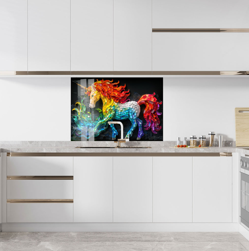Mosaic Tempered Glass Kitchen Backsplash with Colorful Unicorn Design-BacksplashArtworks