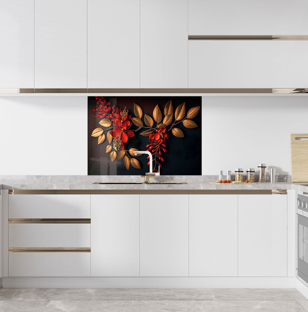 Golden Scarlet Bloom - Glass Kitchen Backsplash-BacksplashArtworks