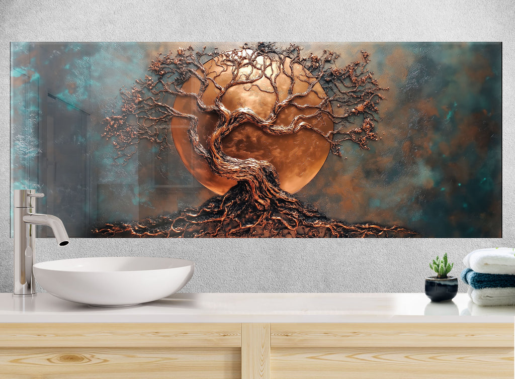Backsplash glass wall art showcasing copper tree silhouette against full moon design ideal for luxury kitchen renovations

