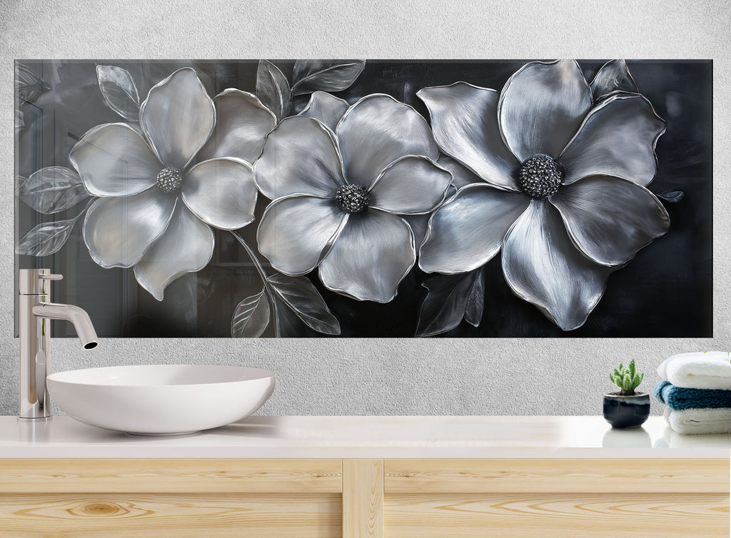 Backsplash glass wall art with silver metallic flowers luxury textured panel perfect for designer kitchen spaces

