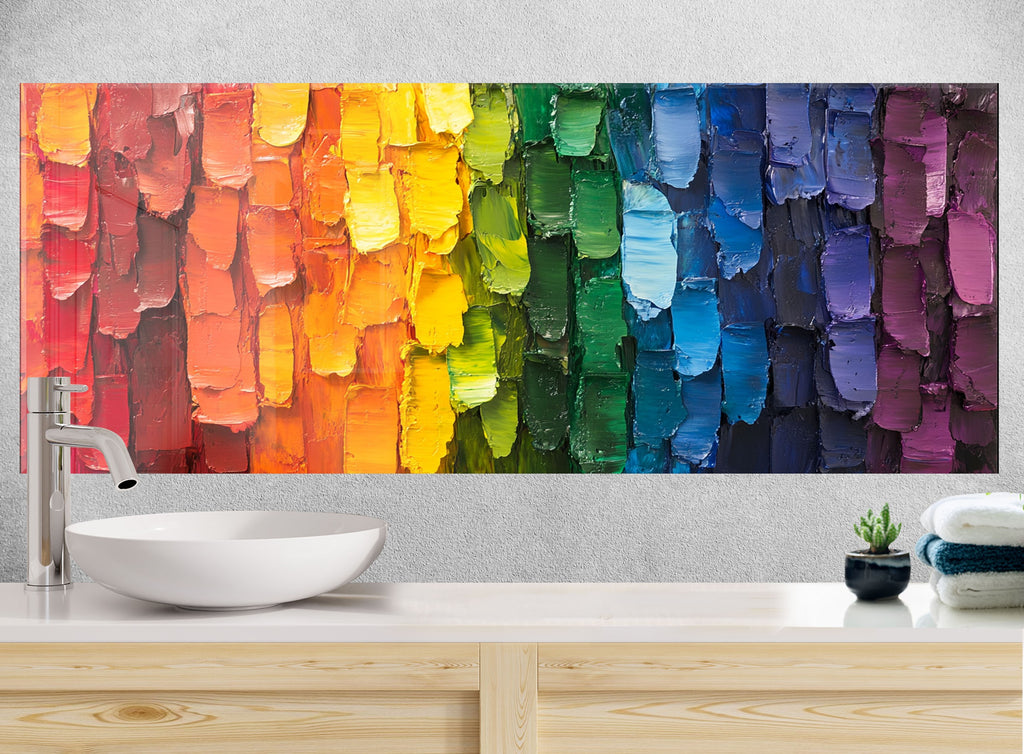 Backsplash glass art featuring colorful abstract rainbow design perfect for bright modern and luxury kitchen interiors

