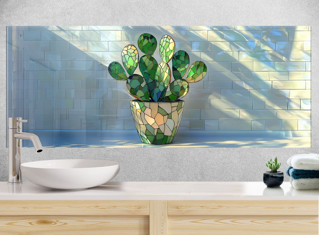 Backsplash glass art with charming cactus pot, bringing fresh desert vibes to your kitchen.


