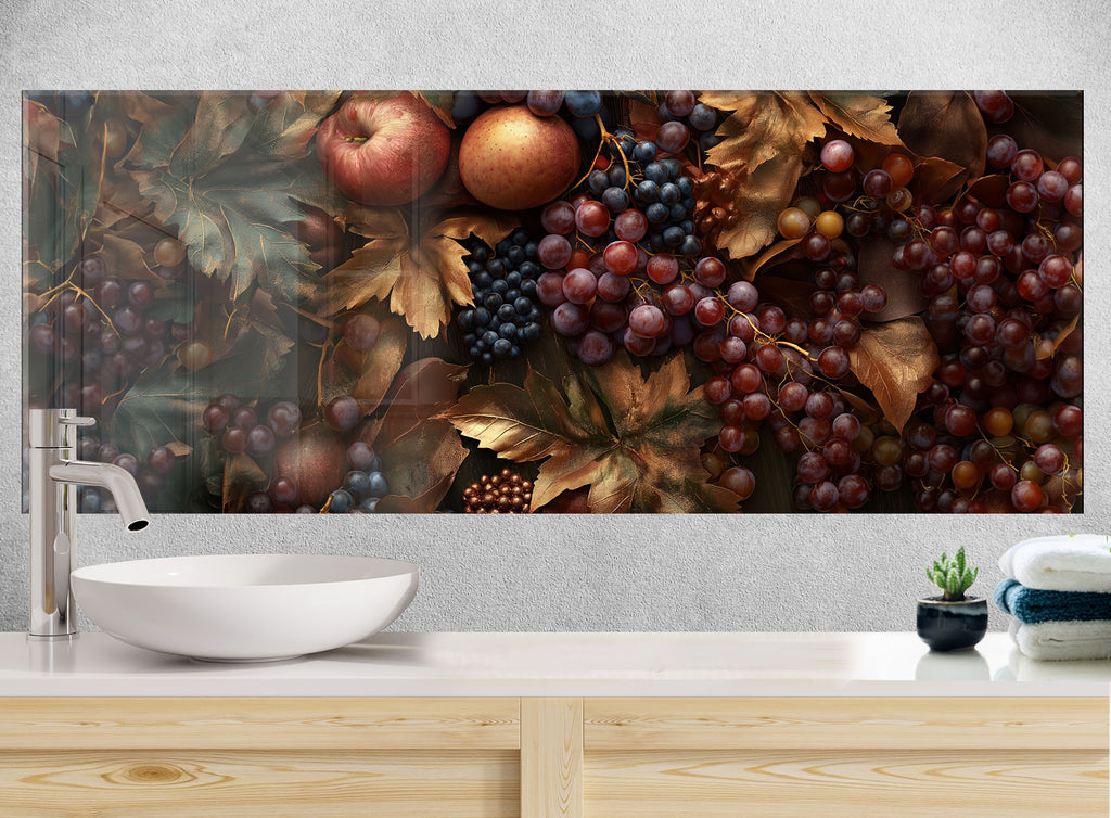 Backsplash glass wall art featuring grapes apples and golden foliage perfect for luxury kitchen decor and renovations

