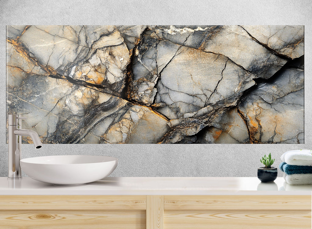 Contemporary marble kitchen backsplash glass art with cracked stone pattern in gray black and gold

