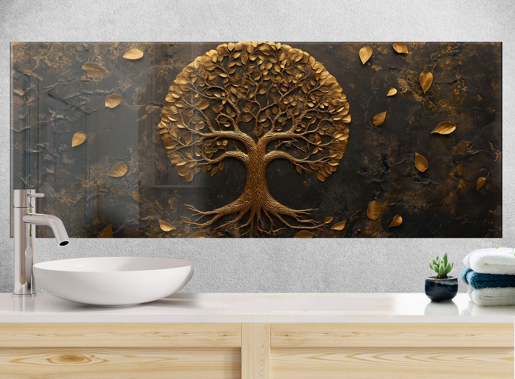 Modern kitchen backsplash featuring gold tree art embossed on black textured glass wall panel for luxury renovations

