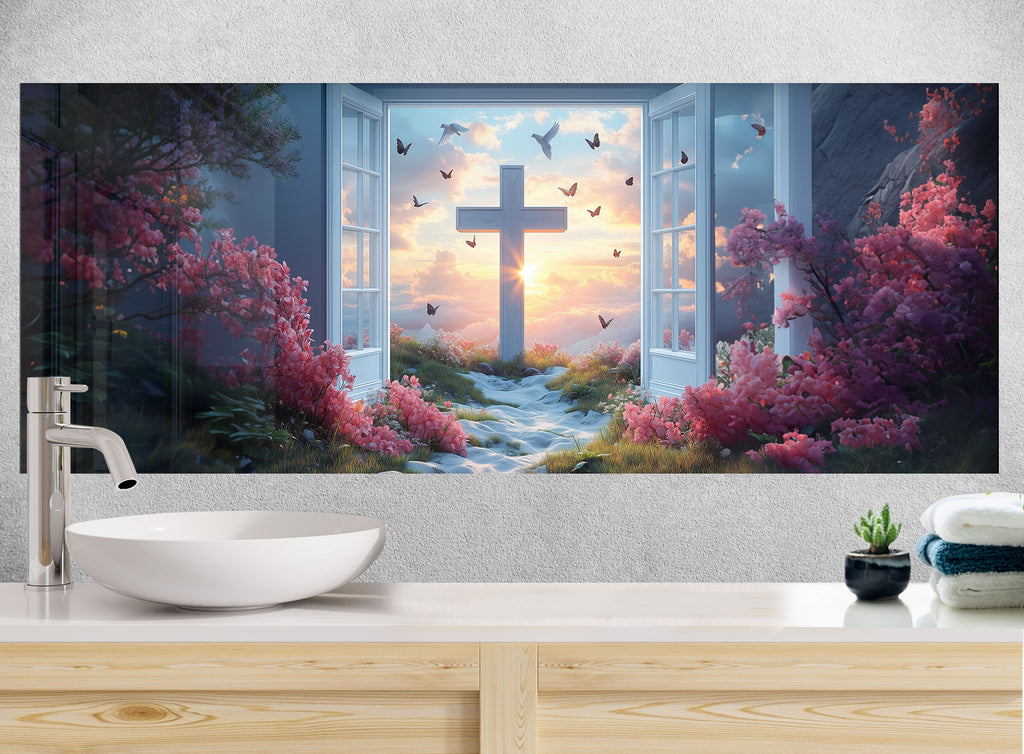 Heaven's Light - Cross & Sunrise Glass Kitchen Backsplash-BacksplashArtworks