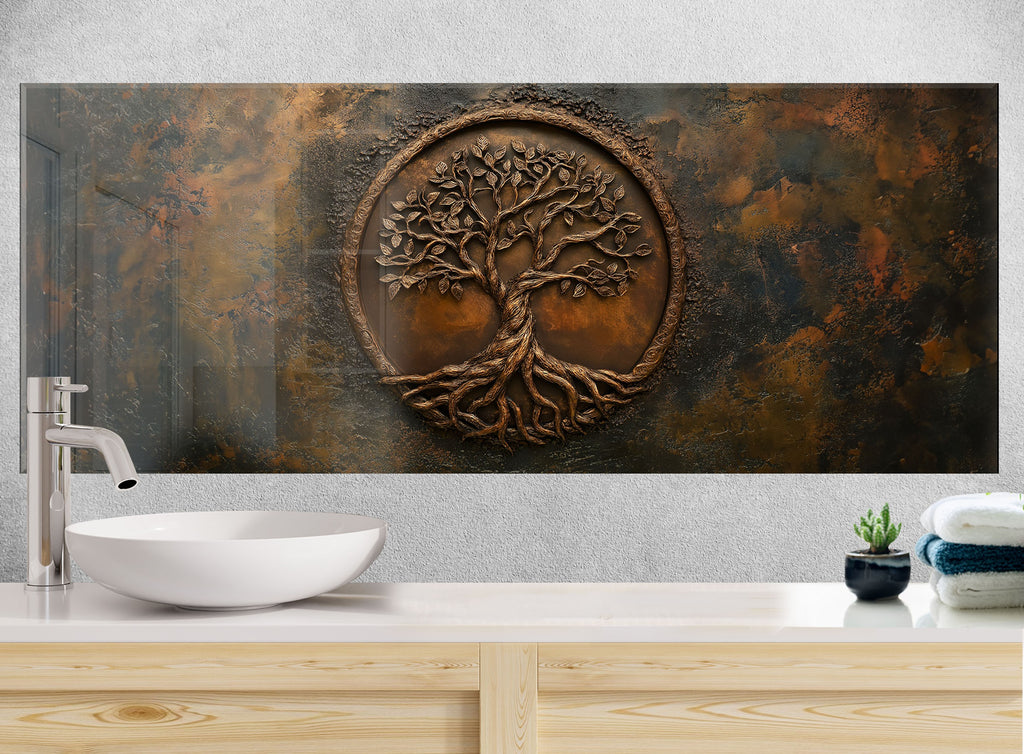 Rustic luxury backsplash glass wall art featuring tree of life design with textured bronze background for kitchens

