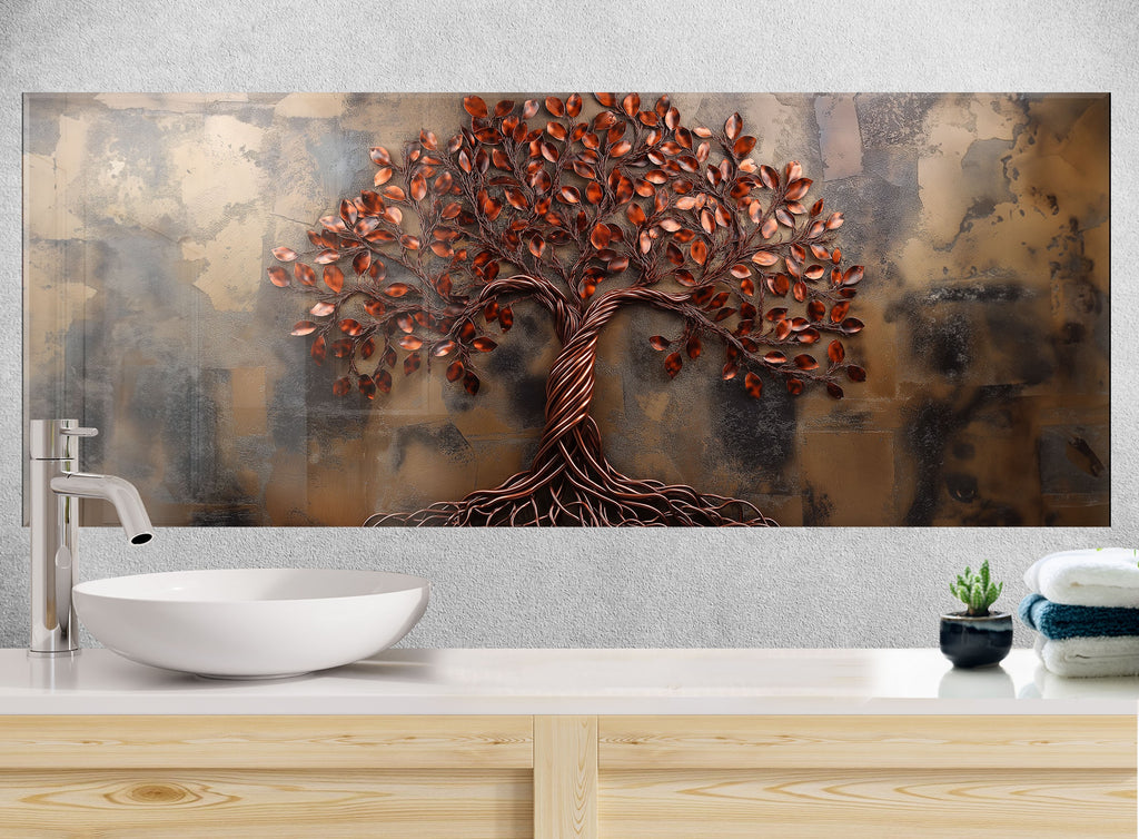Backsplash glass wall art featuring copper tree design on rustic textured background perfect for luxury kitchen renovations

