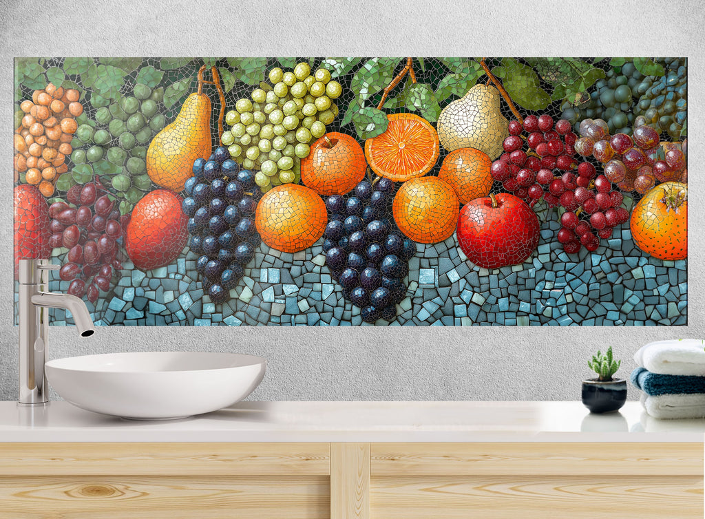 Elegant backsplash glass with detailed fruit mosaic pattern, a lively and artistic choice for gourmet kitchens.

