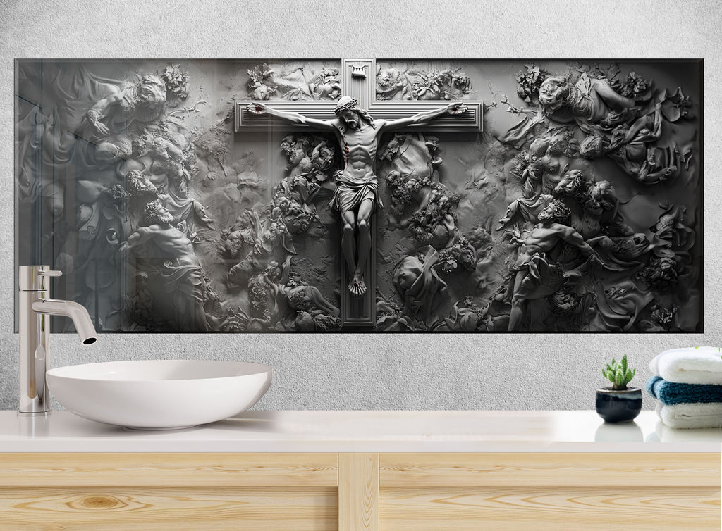 Artistic backsplash glass panel with powerful Christian cross imagery, a bold centerpiece for devotional kitchen decor.

