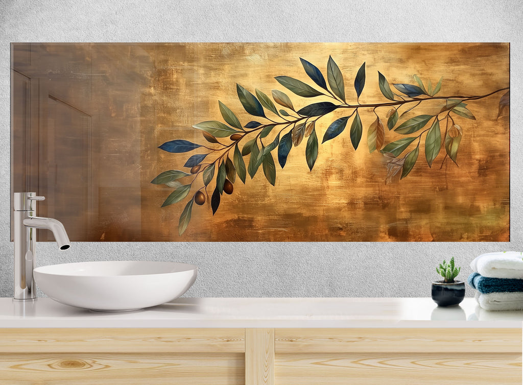 Golden botanical backsplash glass wall art with olive tree branch motif creating a rich luxurious kitchen atmosphere

