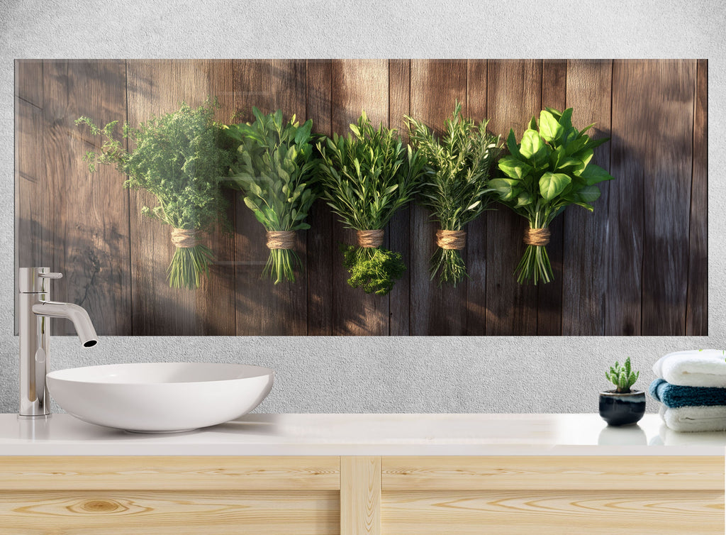 Fresh herbs and rustic wood design backsplash glass art for country kitchens ideal for organic and natural inspired interiors

