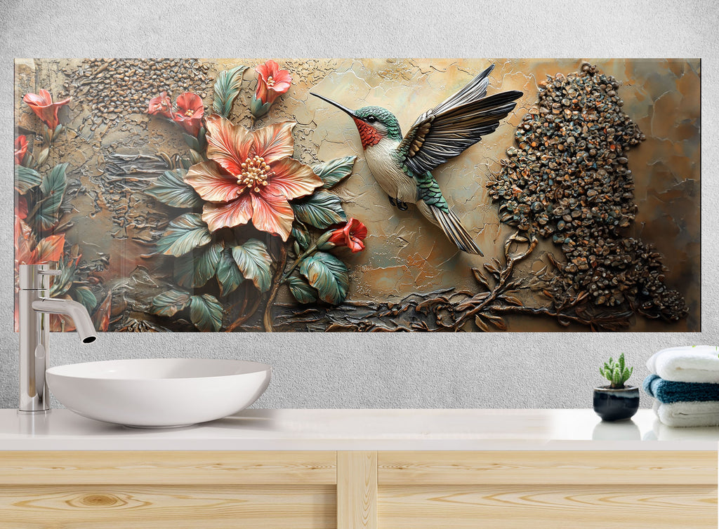 Colorful bird hovering near red flowers – exotic glass backsplash for interiors.

