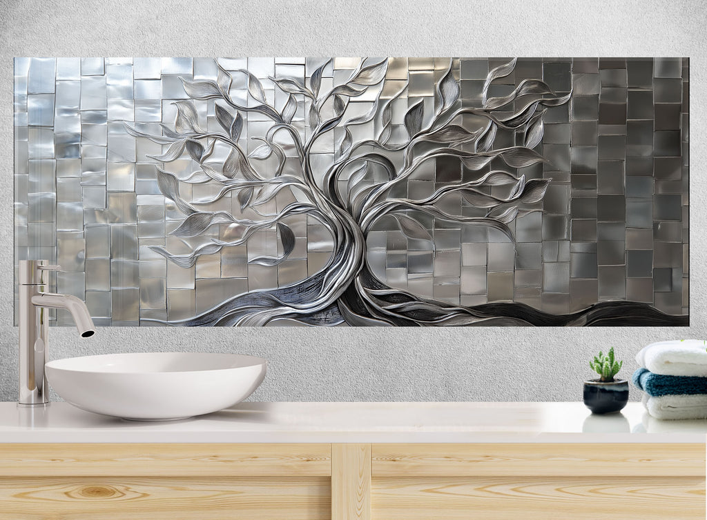 Backsplash glass wall art featuring silver tree of life design metallic textured panel perfect for high end kitchens

