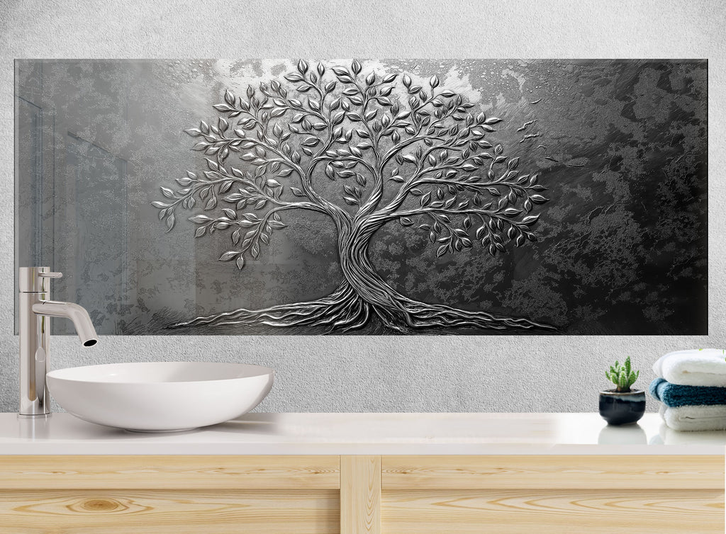Black kitchen backsplash with artistic tree of life embossed glass wall art panel perfect for luxury home renovations

