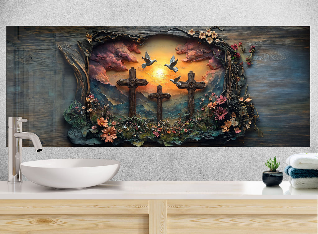 Faithful Sunrise - Three Crosses Glass Kitchen Backsplash-BacksplashArtworks