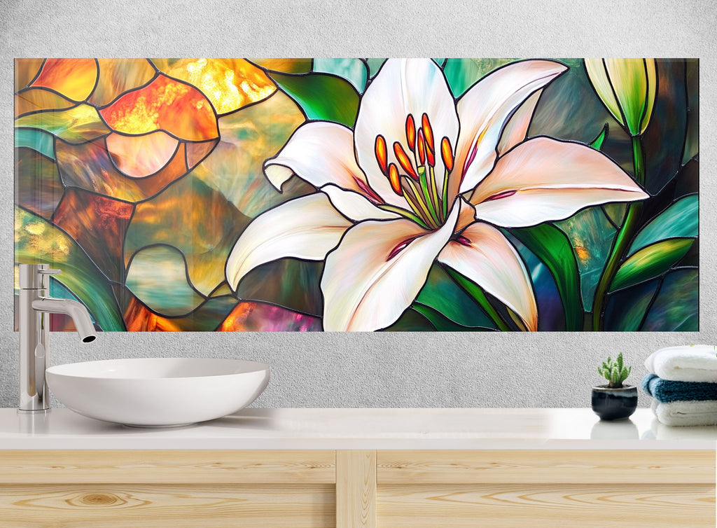 Vibrant stained glass lily flower backsplash, combining bold colors and sophisticated design for premium kitchen decorations.

