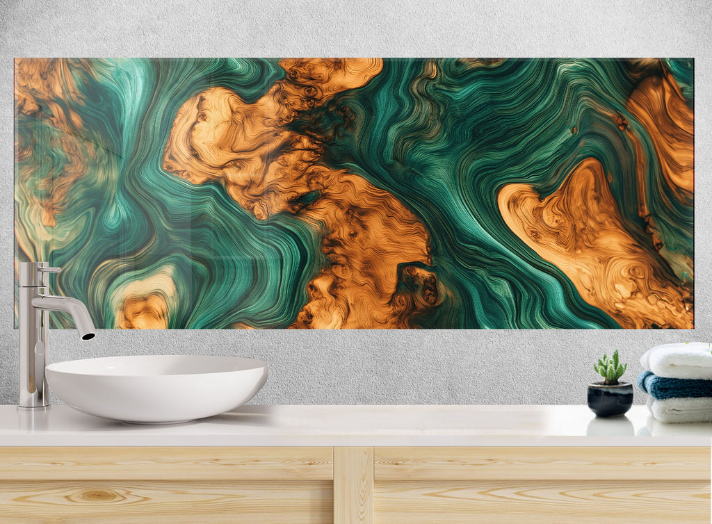 Backsplash glass art featuring swirling green and gold marble effect perfect for luxury and modern kitchen designs


