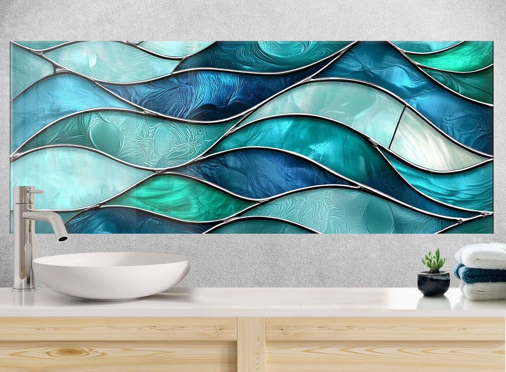 Backsplash glass art with dynamic blue wave pattern vibrant ocean inspired design perfect for luxury and coastal kitchen decor

