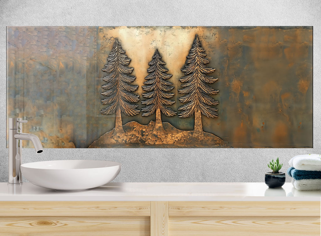 Backsplash glass art with rustic pine trees and forest design perfect for country homes and modern farmhouse kitchens

