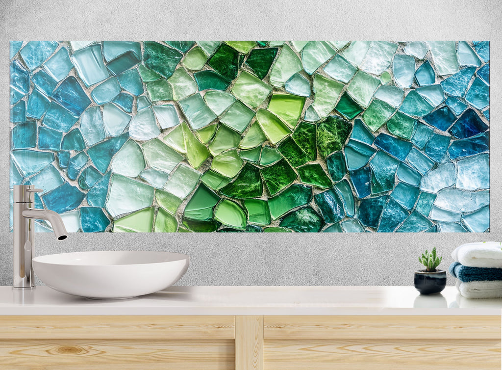 Abstract green and blue mosaic backsplash colorful glass wall art panel for bright and stylish kitchen spaces

