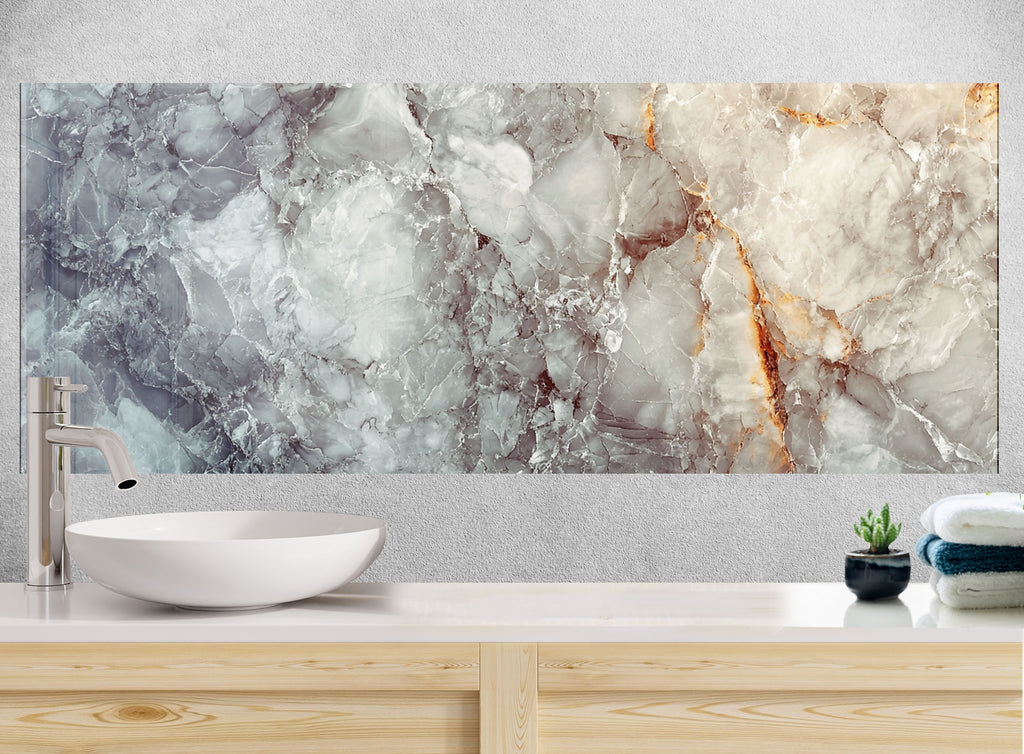 Modern backsplash glass panel featuring rich marble textures—ideal for upscale kitchen aesthetics.

