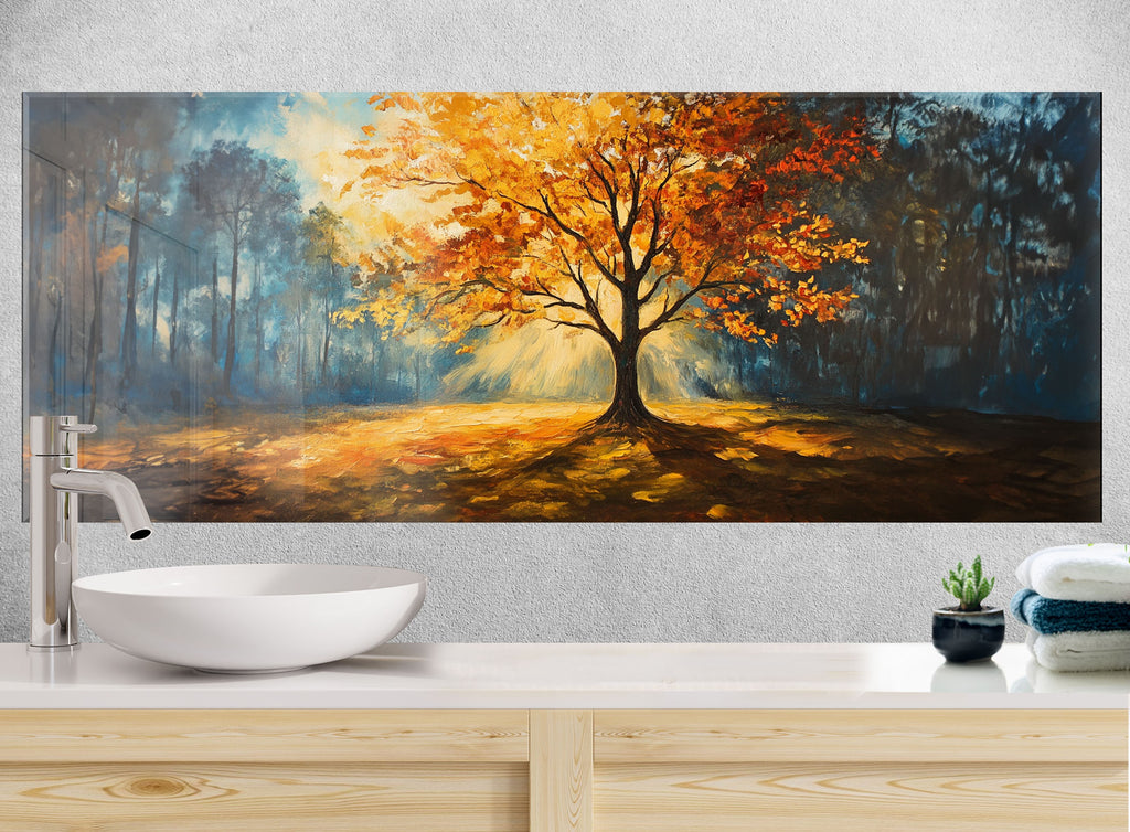 Sun-kissed tree landscape backsplash glass, enhancing kitchens with bold color and emotional depth.

