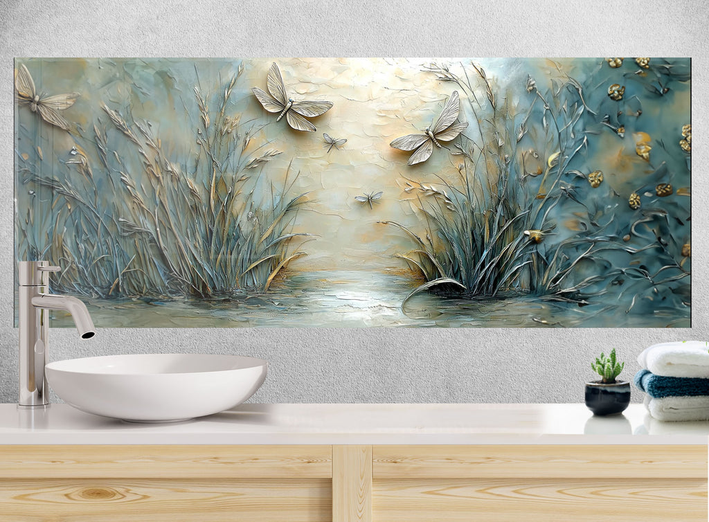 Pastel-toned dragonfly and wetland landscape backsplash – perfect for bright, airy kitchen designs.

