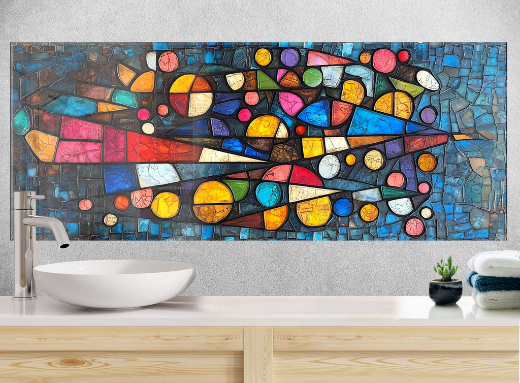 Vibrant mosaic backsplash stained glass wall art with colorful abstract patterns ideal for artistic kitchen renovations

