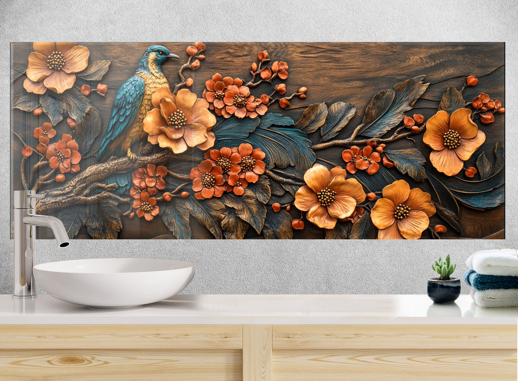 Nature inspired glass wall art backsplash realistic bird and blooming orange flowers transforming kitchens into artistic havens