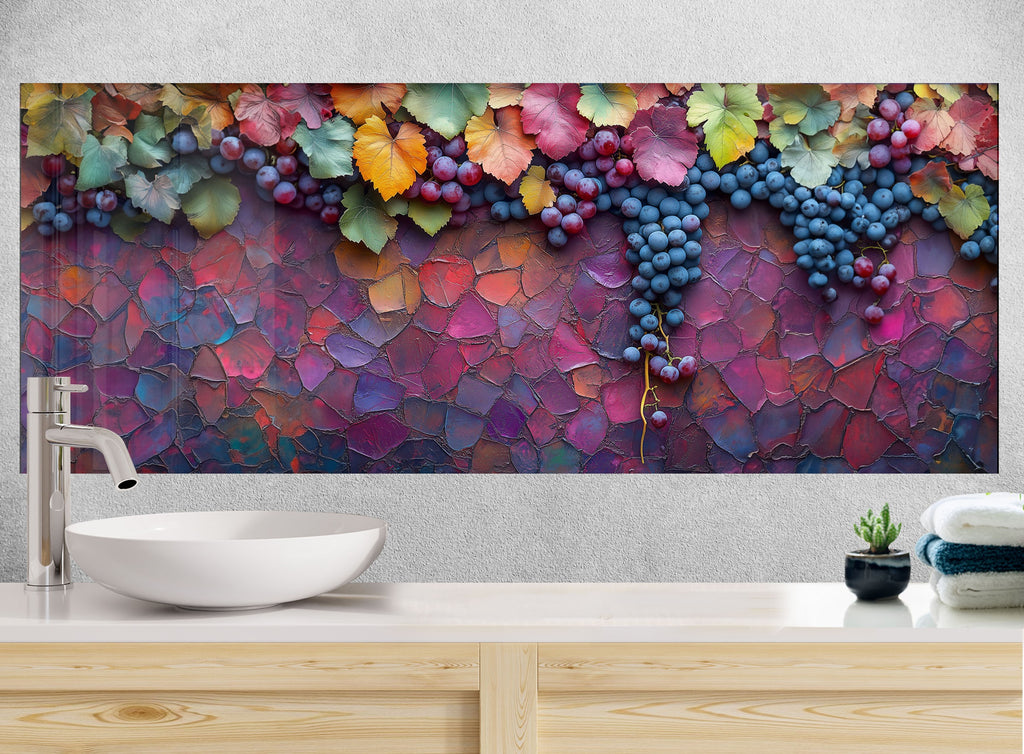 Rustic Grape Vine Glass Kitchen Backsplash – Colorful Vineyard Harvest-BacksplashArtworks