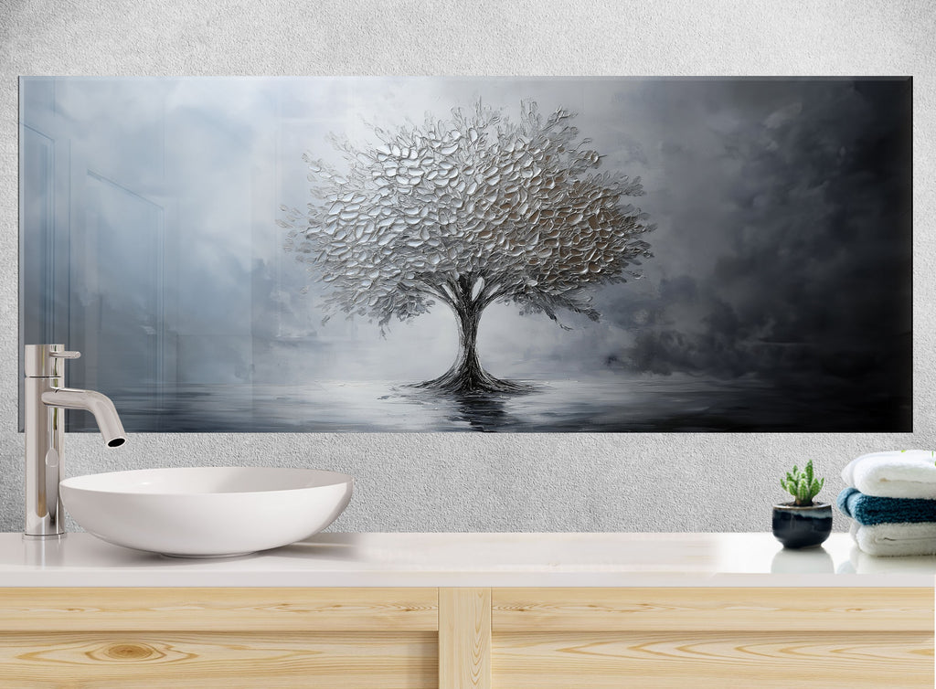 Backsplash glass wall art with embossed silver tree design sophisticated glass panel for high end kitchen renovations

