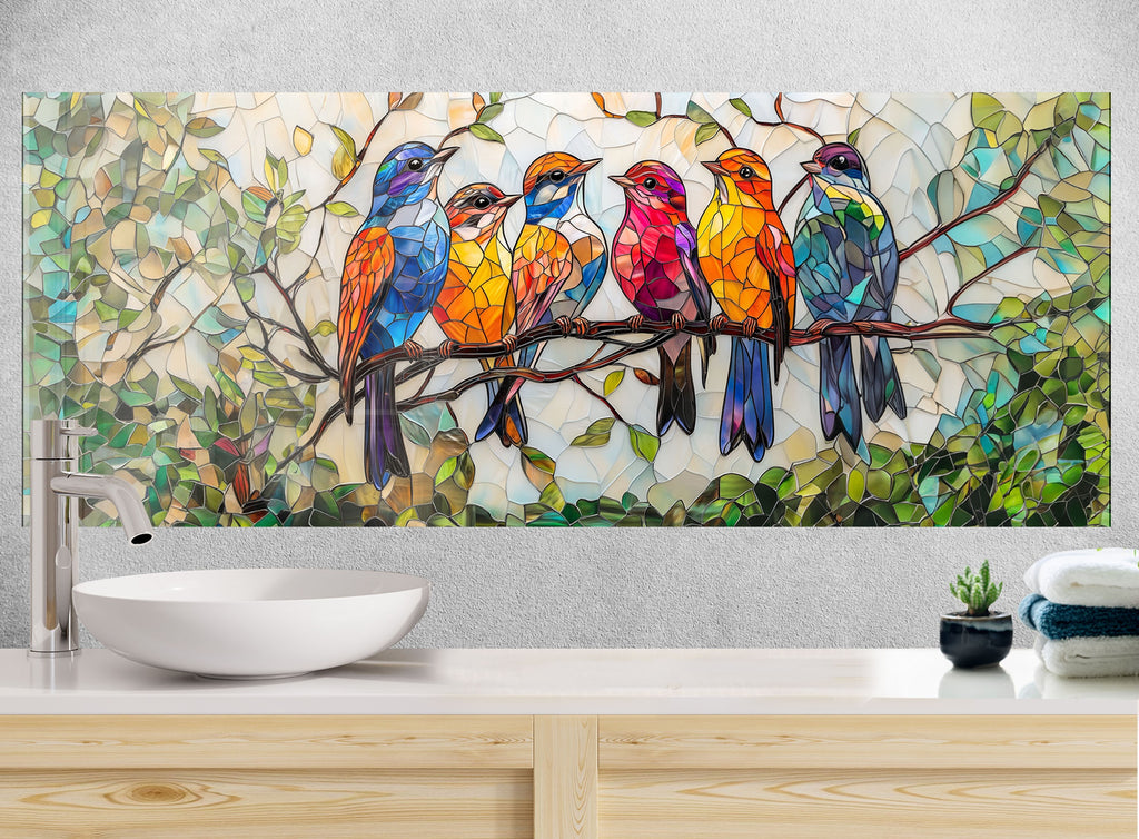 Artistic backsplash glass with multicolored birds, a stunning centerpiece for creative kitchens.

